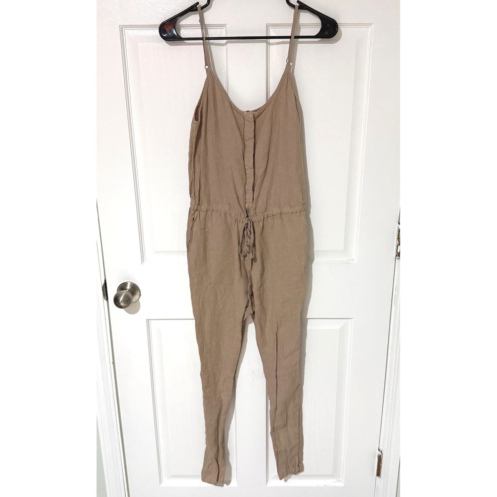 Enza Costa Tan French Linen Jumpsuit Adjustable Spaghetti Strap Size 0 Khaki